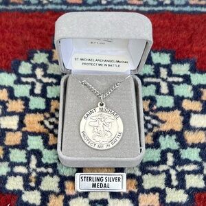 St. Michael Marines Sterling Silver Religious Medal Necklace Heavy Curb Chain